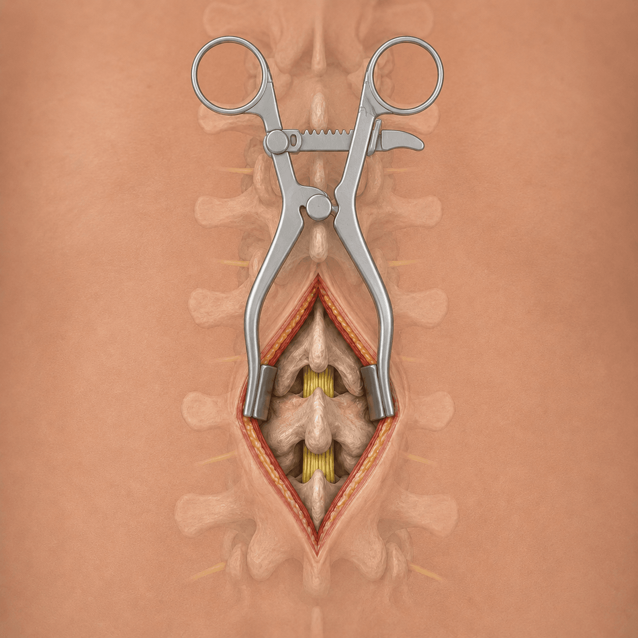 Medical illustration of open spine surgery with a surgical retractor